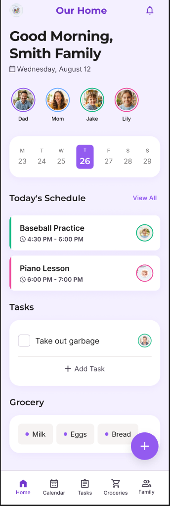 Loopnest family dashboard showing family members, today’s schedule, tasks, and groceries.