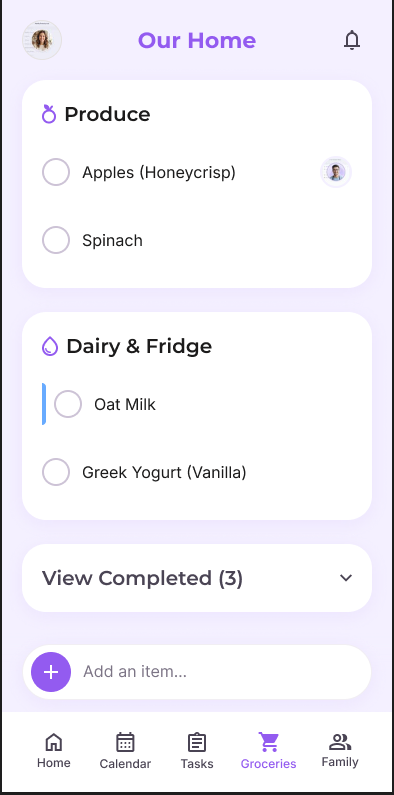 Loopnest grocery list with Produce and Dairy and Fridge categories, items to check off, completed items, and an Add an item field.