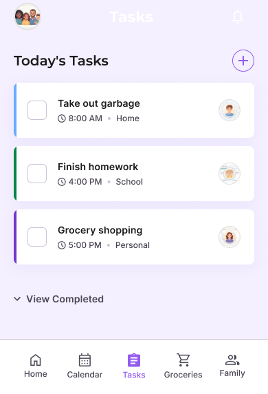 Loopnest task list showing take out garbage, finish homework, and grocery shopping, with times and assigned family members.